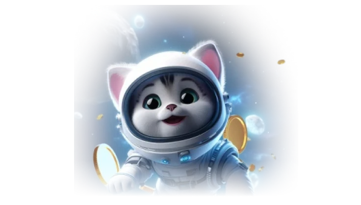 Moonwin Katzenastronaut mit fröhlichem Gesicht und leuchtenden Münzen