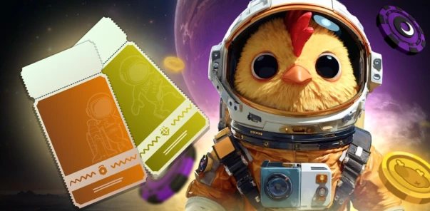 Moonwin, das Astronautenhuhn, mit Spielkarten